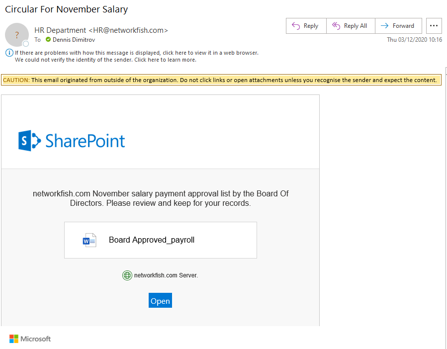 Typical phishing example trying to lure you into seeing financial information from a higher authority (Board of Directors).